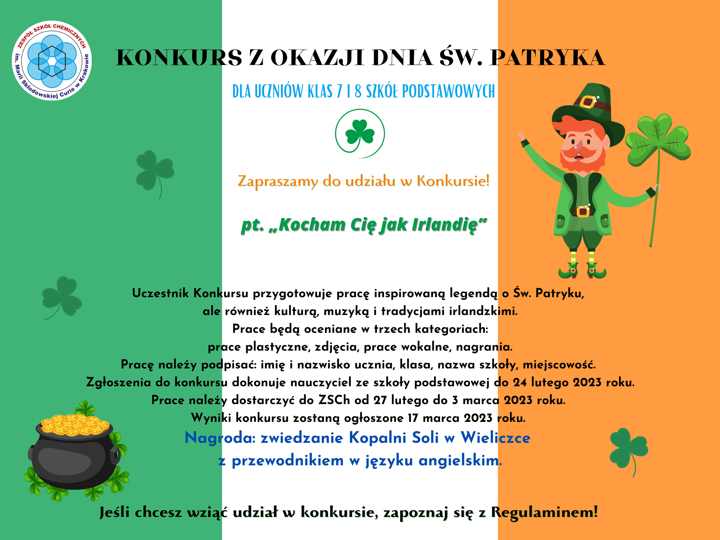 Plakat Konkursu o Irlandii W Zespole Szkół Chemicznych w Krakowie 2022