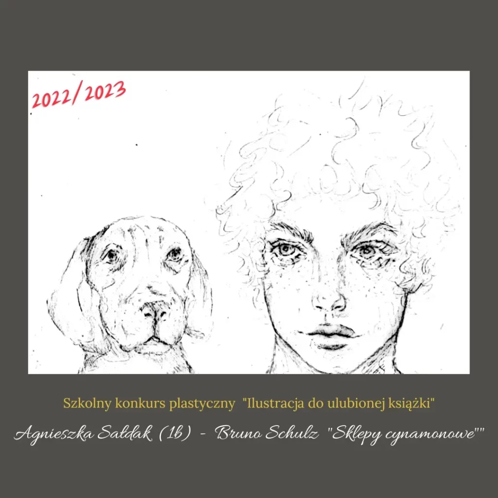 Plakat konkursowy. Bruno Schulz "Sklepy cynamonowe". Na rysunku znajduje się twarz człowieka,a obok pies.