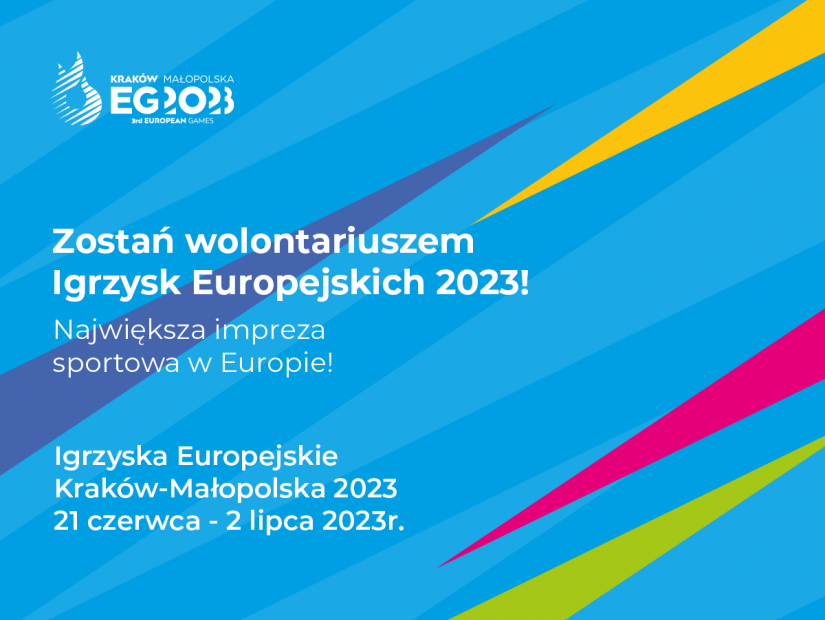 Grafika nawołująca do zostania wolntariuszem podczas Igrzysk Europejskich - Małopolska 2023.