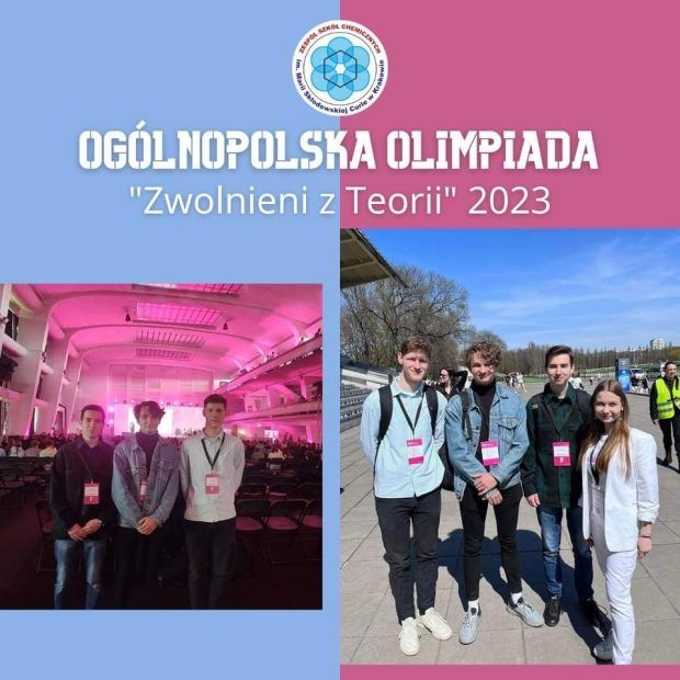 Dwa zdjęcia na których znajdują się finaliści Ogólnpolskiej Olimpiady "Zwolnieni z Teorii 2023". Zdjęcia wykonano w Warszawie.