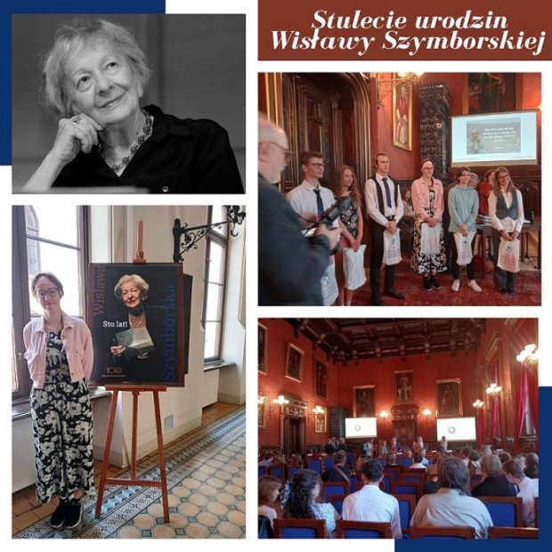 Kolaż zdjęć z uroczystości obchodów 100 rocznicy urodzin Wisławy Szymborskiej. Na zdjęciu po lewej W. Szymborska, na zdjęciu po prawej uczestnicy obchodów z ZSCH. Na zdjęciu w lewym dolnym rogu uczennica klasy 2 ZSCH pozuje obok portetu W. Szymborskiej. Na zdjęciu w pracym dolnym rogu uczestnicy obchodów podczas wykładu.
