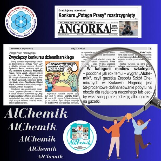 W górnej części grafiki znajduj esię wycinek z gazety "Angorka", poniżej znadjuje się wycinek artykuu o sukcesie gazetki szkolnej "AlChemik".