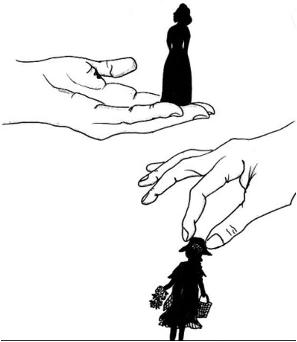 Grafika przedstawiająca dwie dłonie na których znajduje się czarna postać.