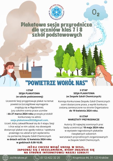 Plakat promujący sesję przyrodniczą organizowaną przez Zespół Szkół Chemicznych w Krakowie "Powietrze wokól Nas"
