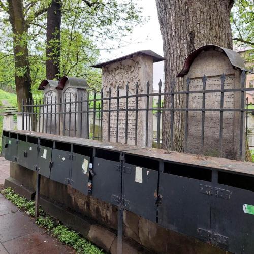 Widok na płyty nagrobne na cmentarzu żydowskim
